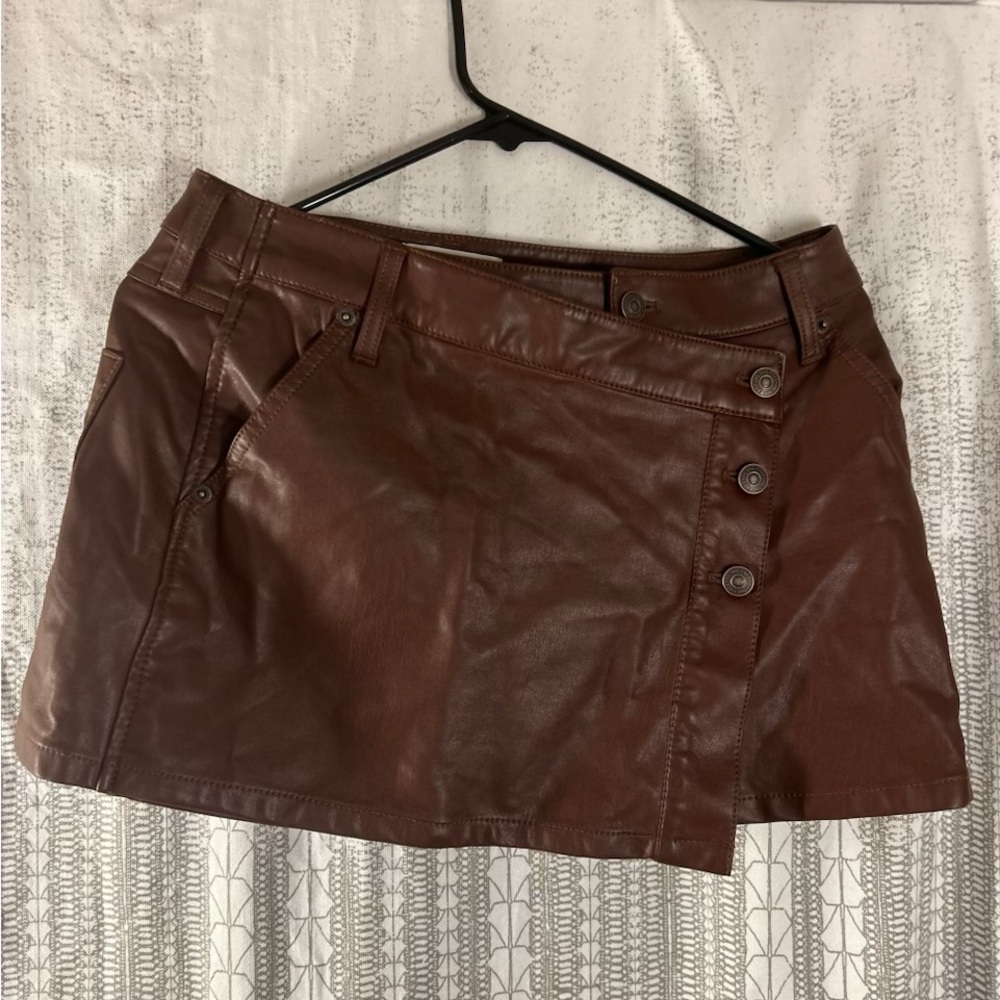 We The Free Brown Faux Leather Button-Front Mini Skirt